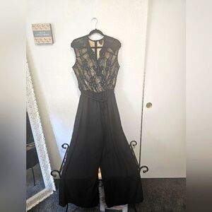 Black Lace Overlay Wide-Leg Jumpsuit